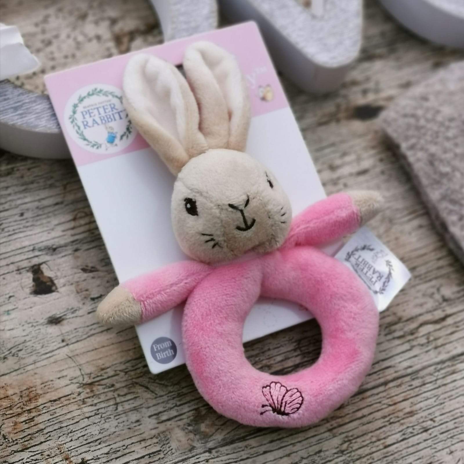 Pink Flopsy bunny baby ring rattle.