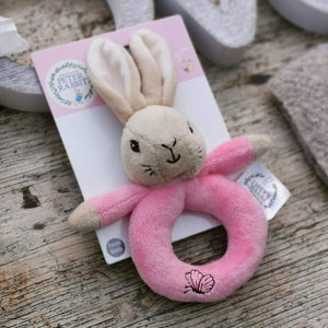 Pink Flopsy bunny baby ring rattle.