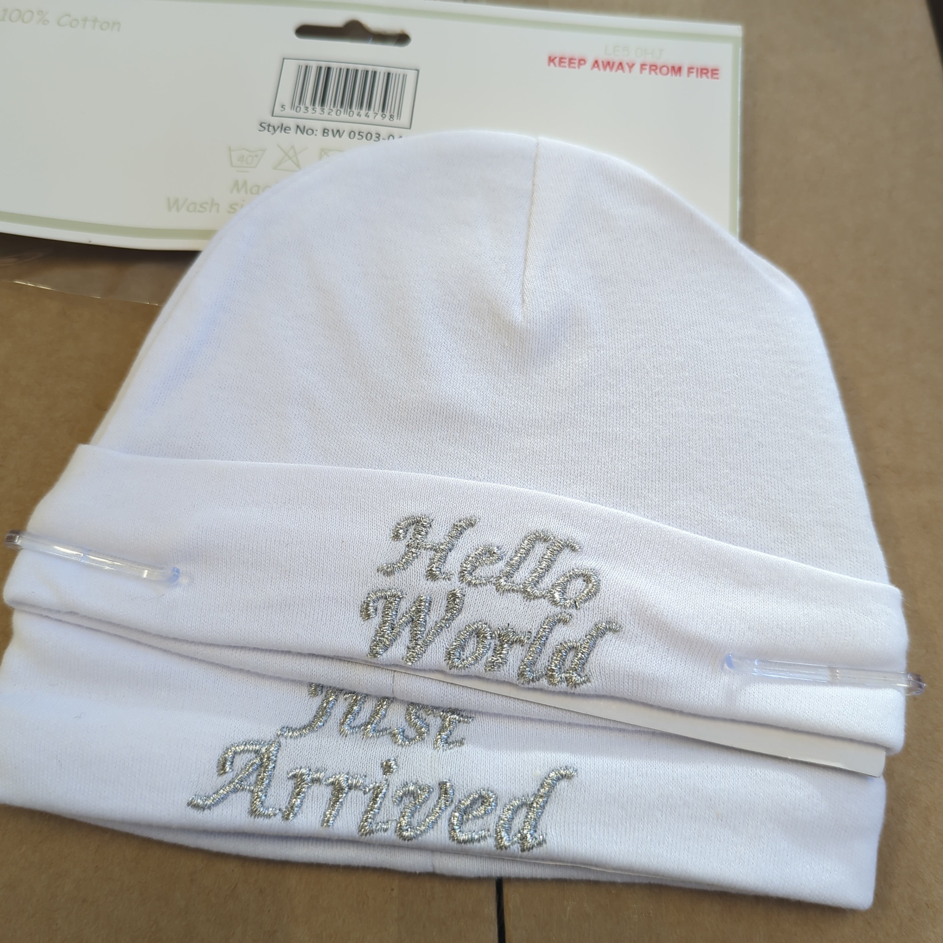 Baby Hats 2 Pack - 'Just arrived' & 'Hello World'