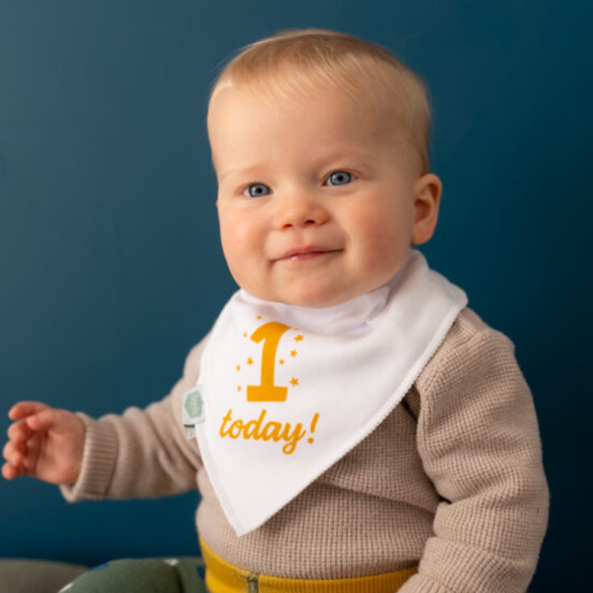 First Birthday dribble bandana bib. White bib with 1 today! in gold writing with stars.