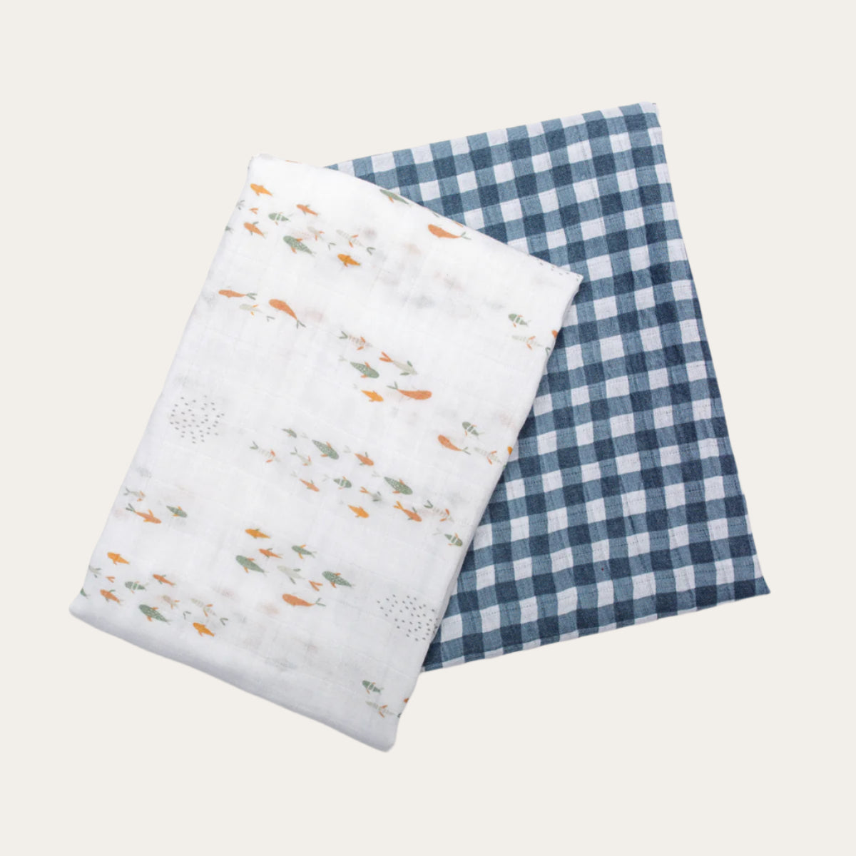 Pack of 2 Swaddle Blankets Multipurpose Muslins - Fish / Navy Gingham Baby Swaddle.
