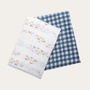 Pack of 2 Swaddle Blankets Multipurpose Muslins - Fish / Navy Gingham Baby Swaddle.