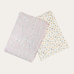 Pack of 2 Swaddle Blankets Multipurpose Muslins - Vintage Floral / Dragonfly Baby Swaddle.