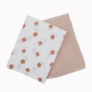 Pack of 2 Swaddle Blankets Multipurpose Muslins - Mushroom / Sand Baby Swaddle.