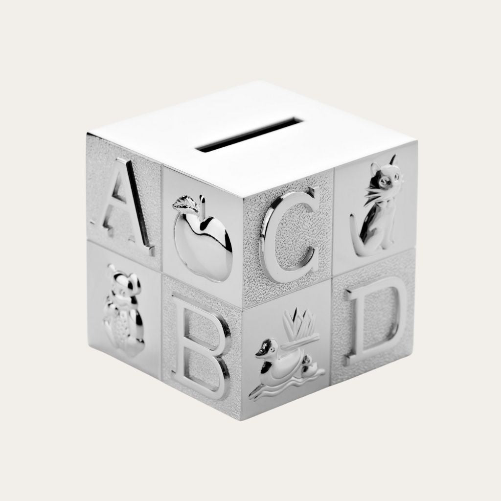 Silver Plated Money Box Cube 'A.B.C' Money Box. Perfect Baby Keepsake or Christening Gift.