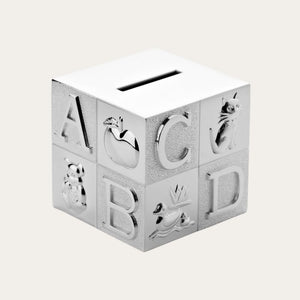 Silver Plated Money Box Cube 'A.B.C' Money Box. Perfect Baby Keepsake or Christening Gift.
