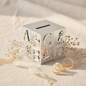 Silver Plated Money Box Cube 'A.B.C' Money Box. Perfect Baby Keepsake or Christening Gift.