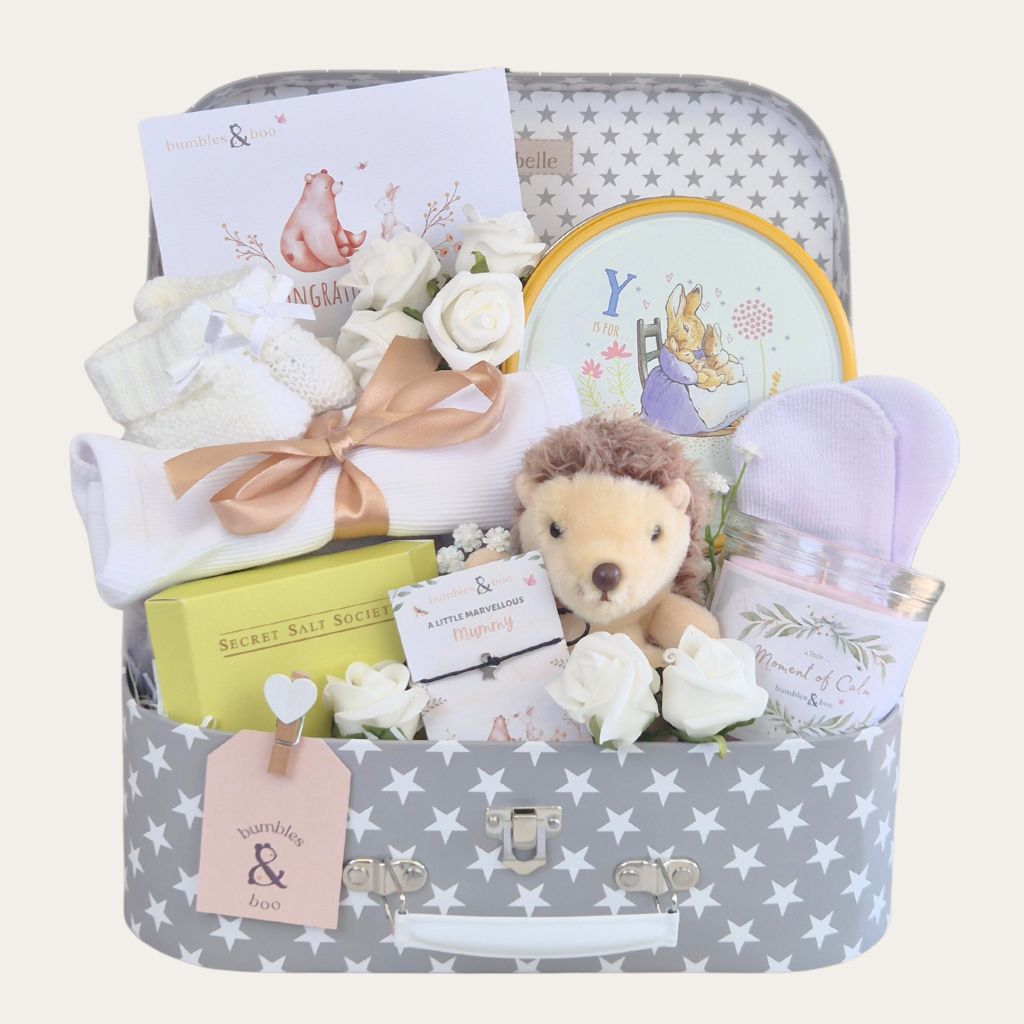 Baby shower gift hamper with relaxing treats for Mum and essential toys and presents for baby. Bumbles and Boo.