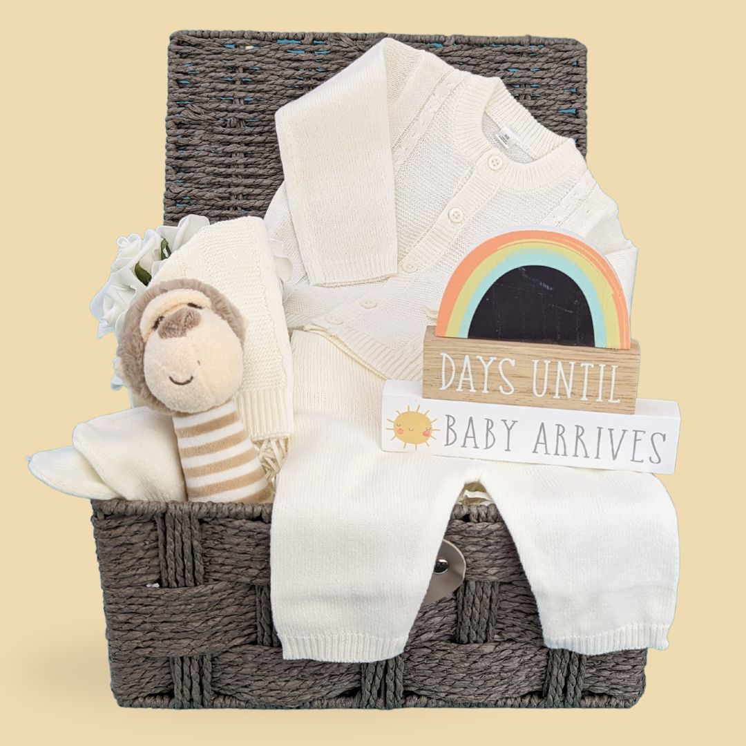 baby shower hamper basket with gifts including cream outfit, monkey toy and rainbow countdown frame.