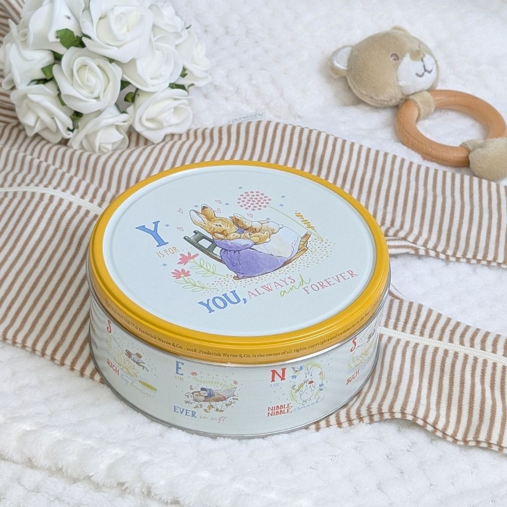 Yellow Peter Rabbit biscuit keepsake tin with sentiment Y is for..you, always and forever on the lid