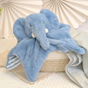 Blue plush recycled elephant baby comforter toy with white and blue striped detail.