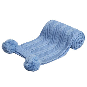 blue eco friendly knit baby blanket with pompoms,