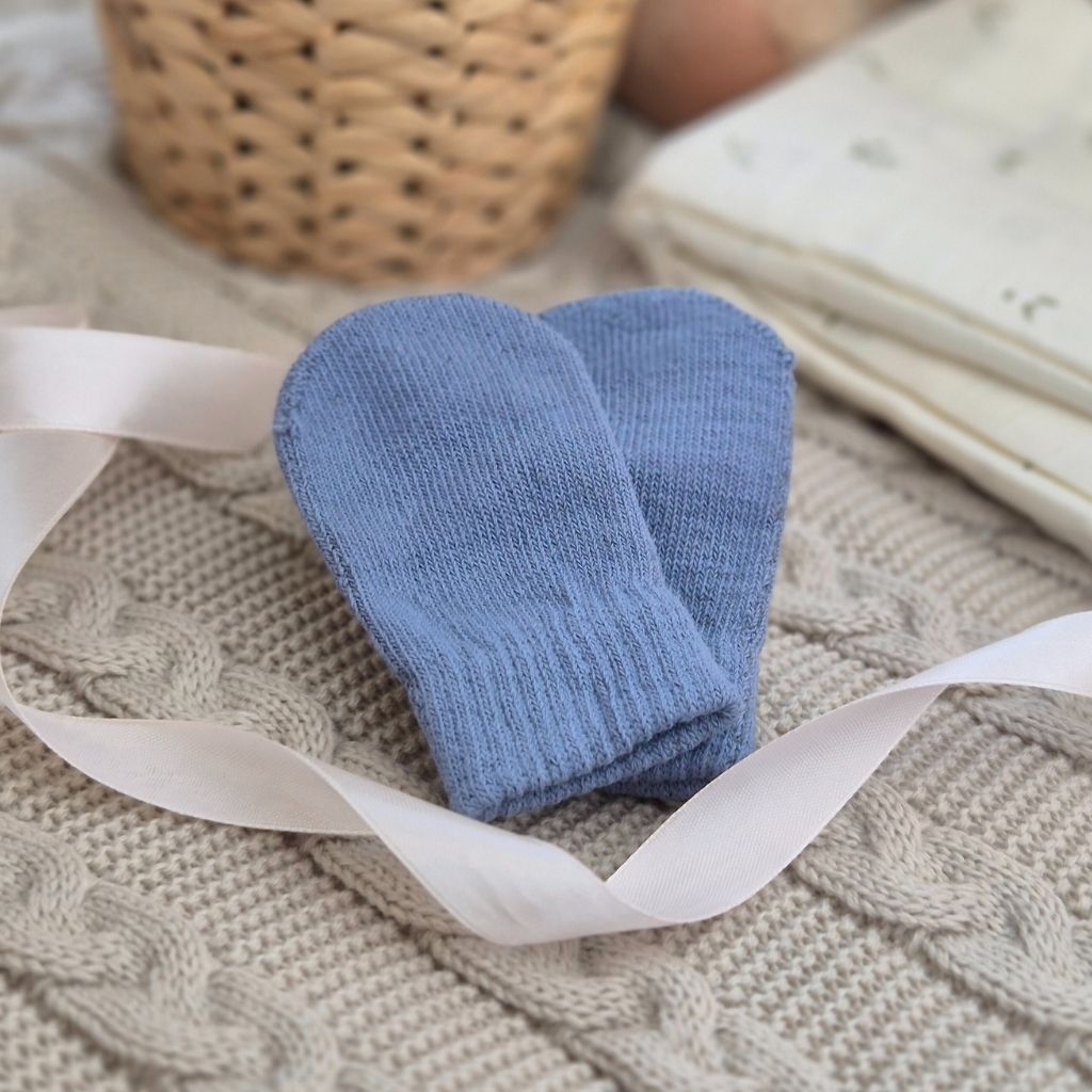 Dusty Blue Brushed Cotton Baby Knit Mittens (0-12 months) Mittens.