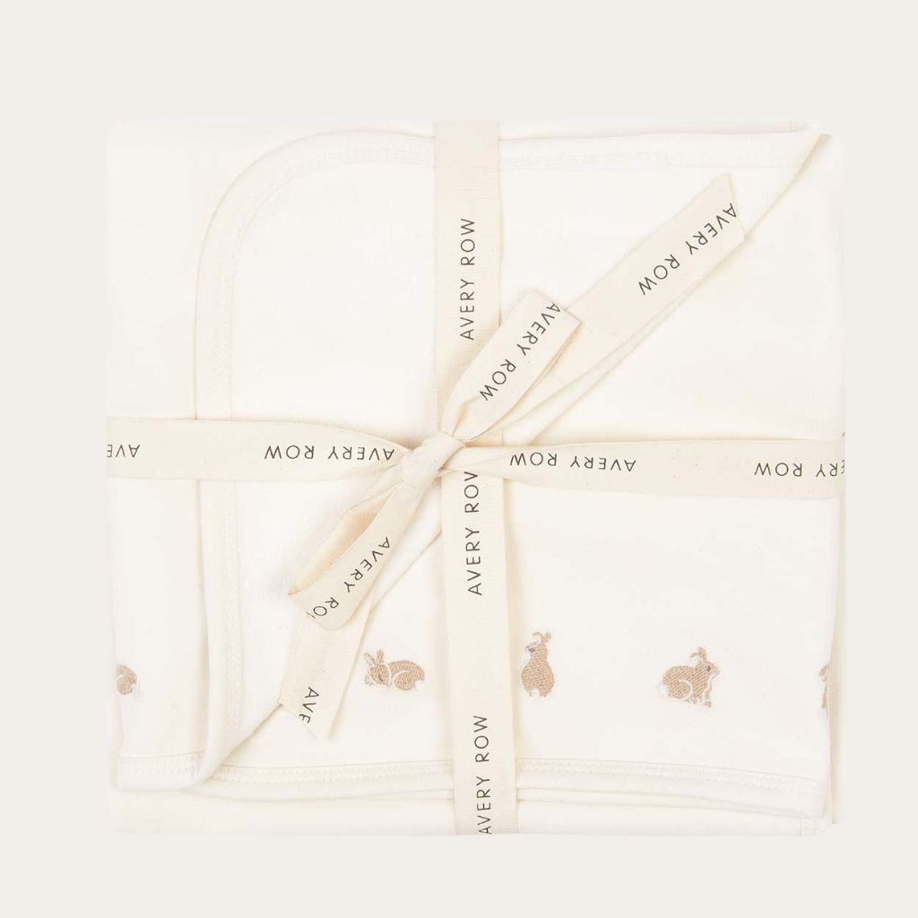Organic Cream Baby Blanket Fleece Embroidered 'Bunnies' Baby Blanket. Avery Row.