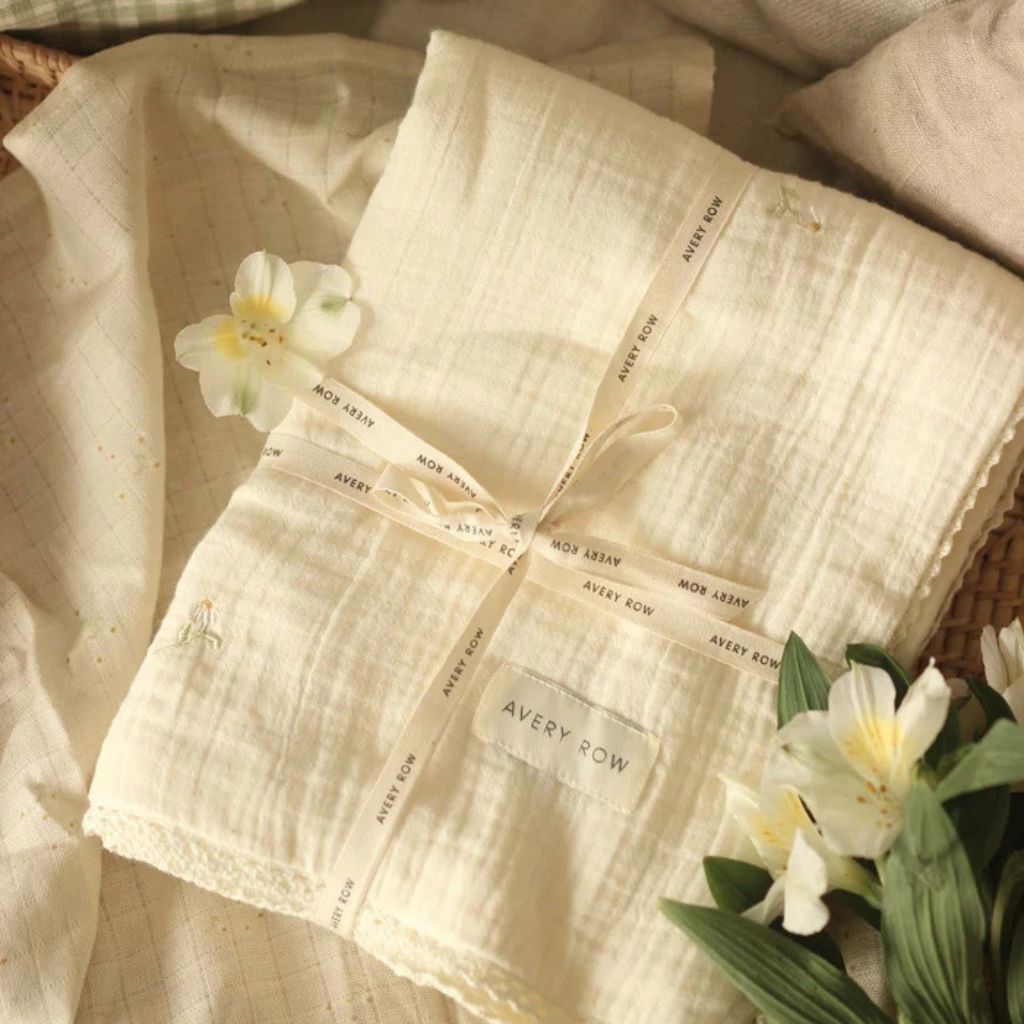 Organic Muslin Baby Blanket Embroidered 'Wild Chamomile'