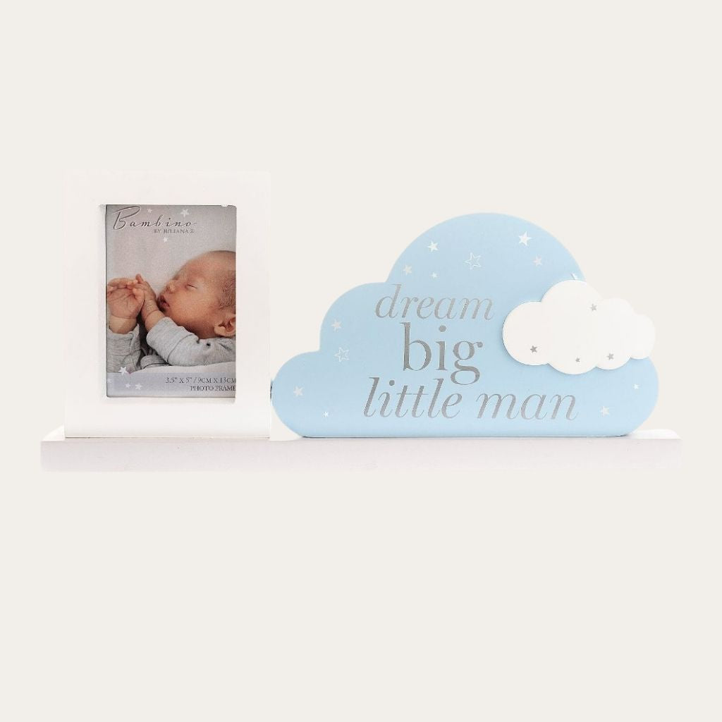 Bambino Mantel Plaque Frame "Dream Big Little Man" Baby Plaque. Blue and White.