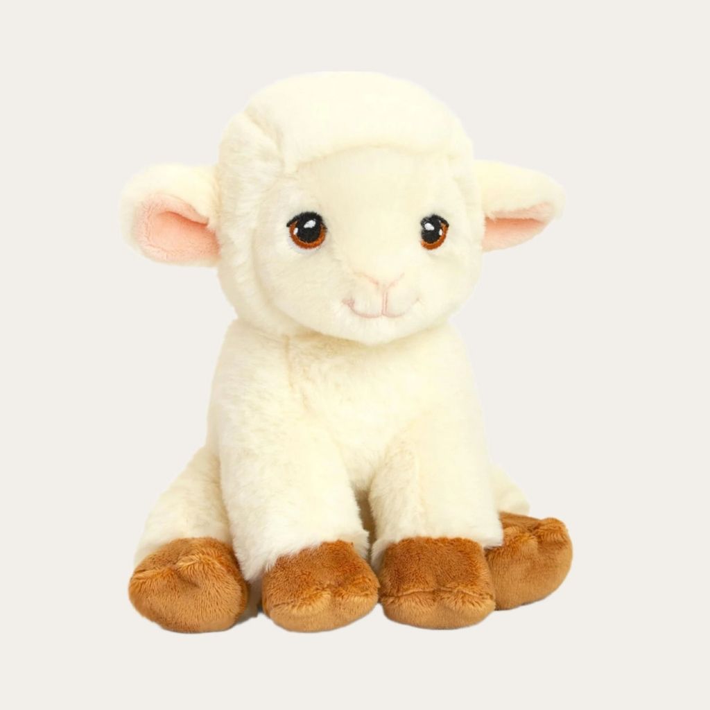 soft eco friendly, sustainable cream plush lamb toy. Suitable from birth.