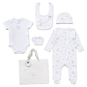 Complete unisex baby clothes outfit including sleepsuit, hat and mittens in neutral colours