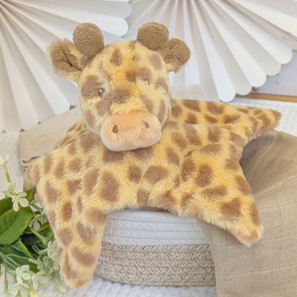 Plush eco friendly and recycled giraffe baby comforter toy.