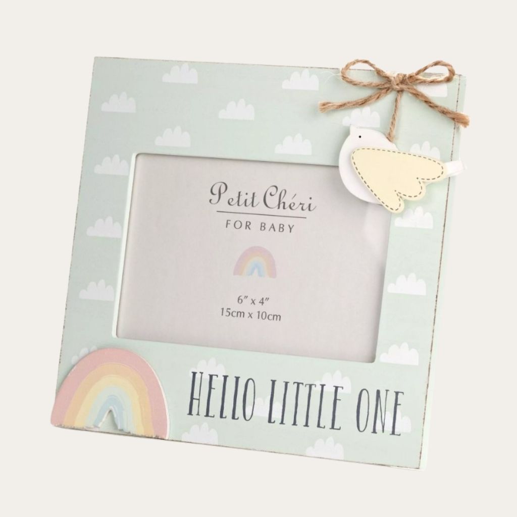 Hello Little One' Bird and Rainbow Photo Frame Photo Frame pastel green.