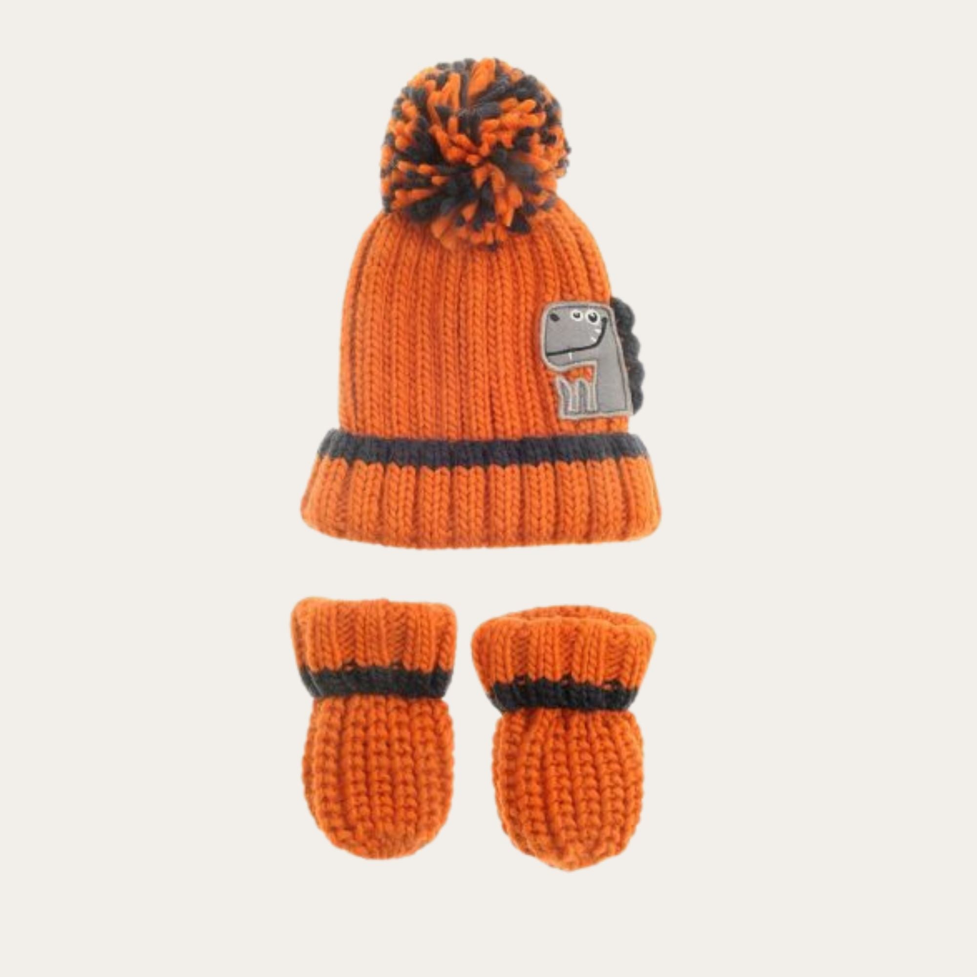 Orange Dinosaur Bobble Hat and Mittens Baby Hat and Mittens.