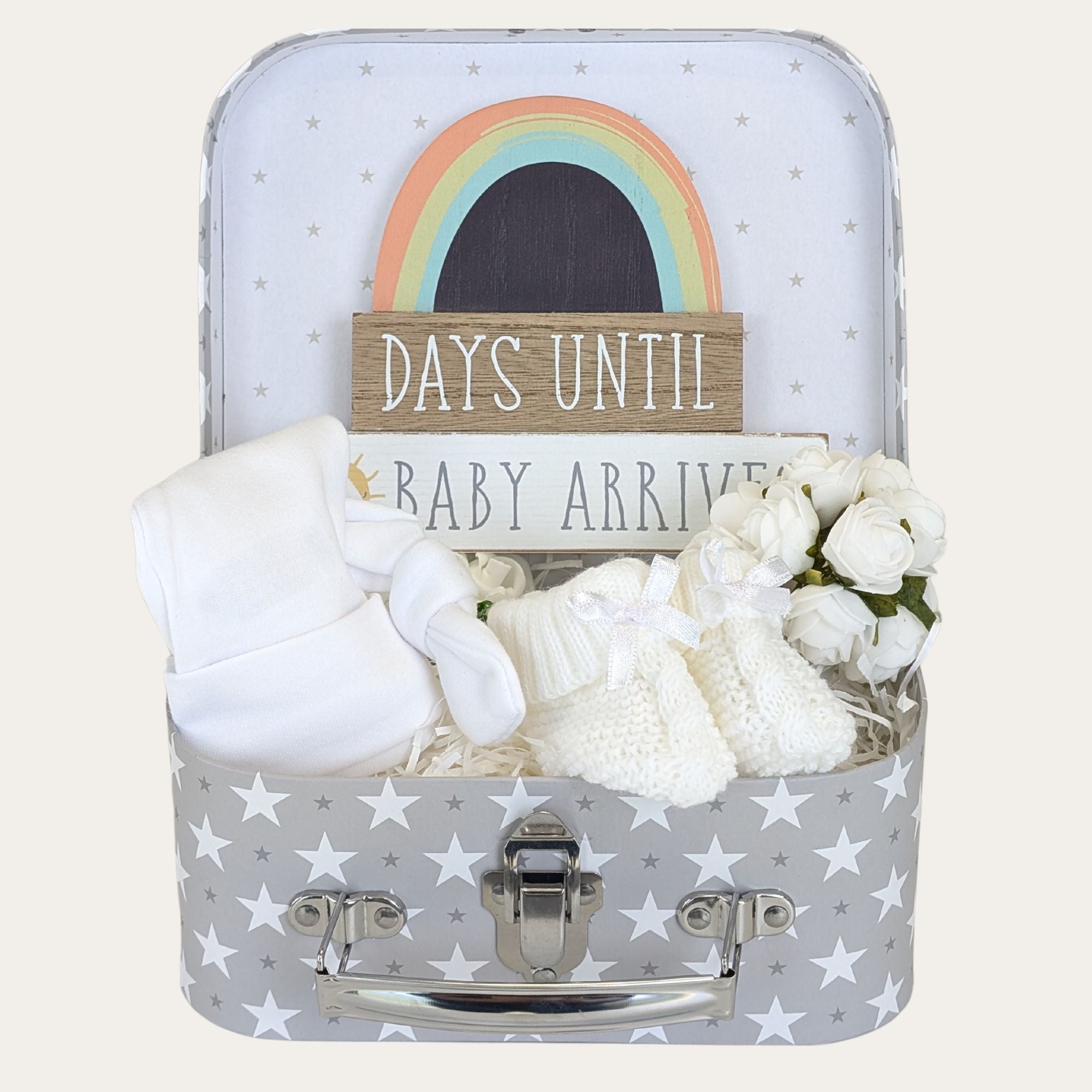 Mum to be pregnancy gifts hamper with pregnancy countdown plaque, white baby booties and hat by Bumbles and Boo.