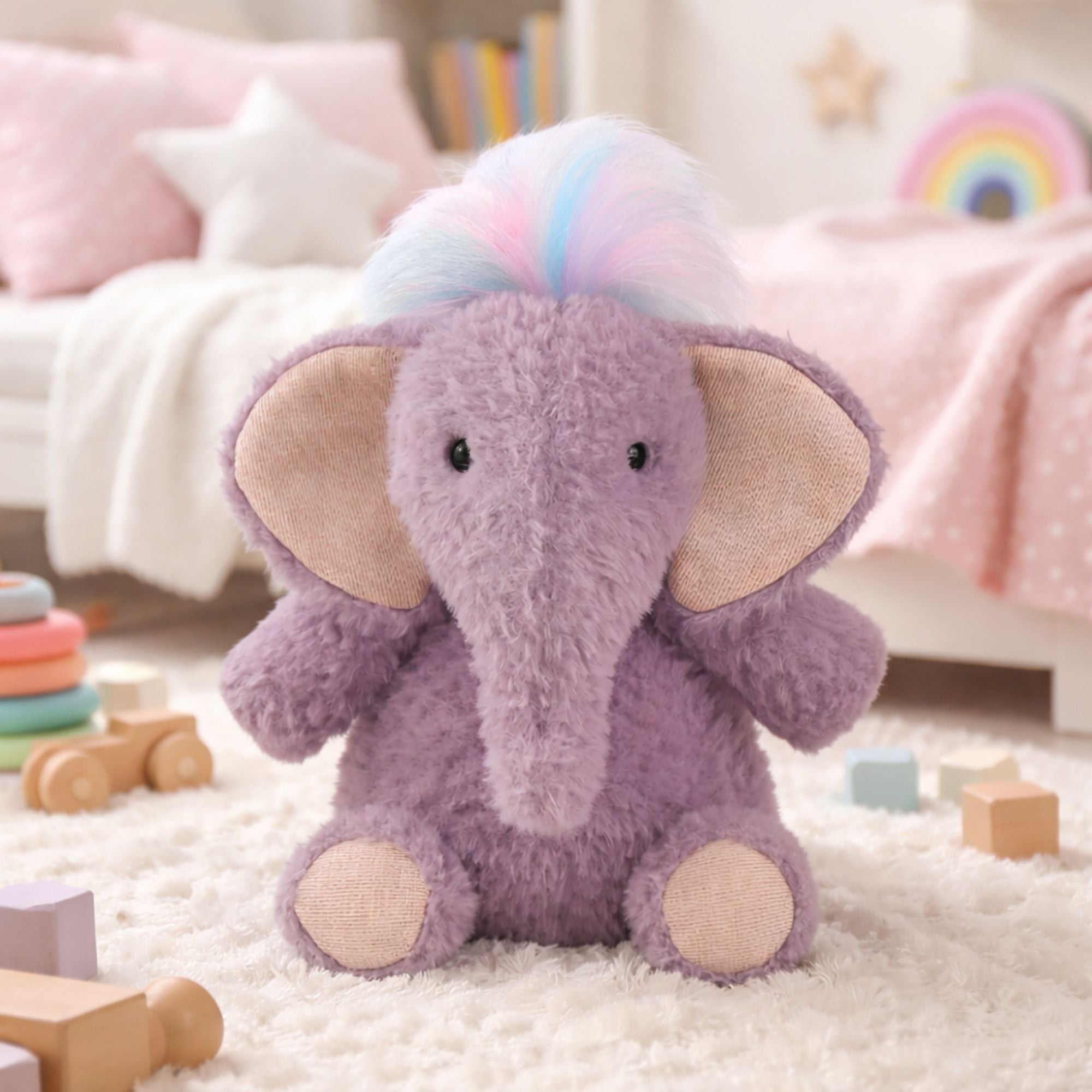 Baby Soft Toy Elephant – Lilac with multi coloured rainbow hair