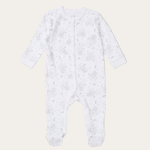 White all-in-one sleepsuit with silver baby print
