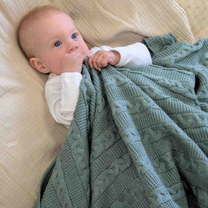 Recycled Cable Knit Blanket Wrap - Sage Green Baby Blanket.