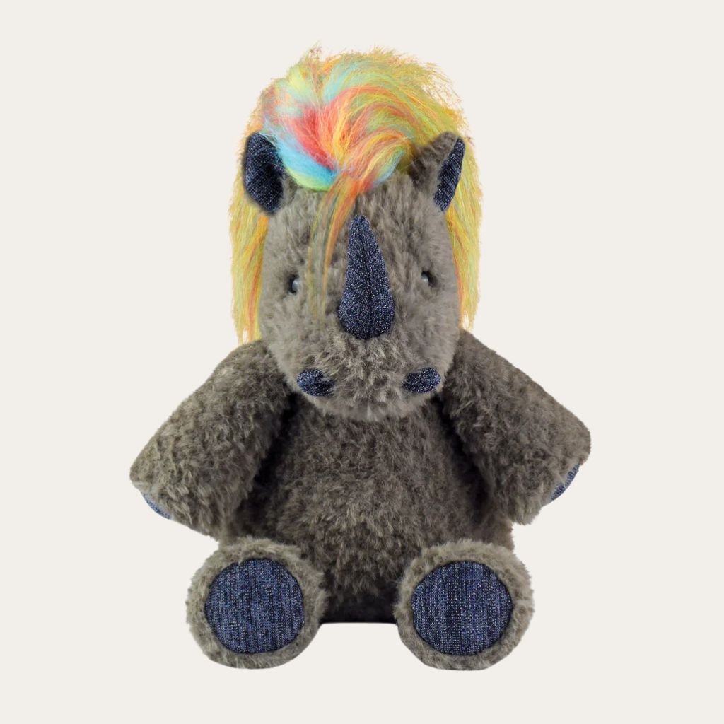 Charming Rhino Soft toy with Fun Rainbow Hair and sparkly paws.