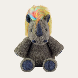 Charming Rhino Soft toy with Fun Rainbow Hair and sparkly paws.