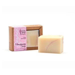Rose Geranium Happy Soap, organic and vegan, perfect for new parents. Handmade with natural ingredients for a refreshing, eco-friendly wash