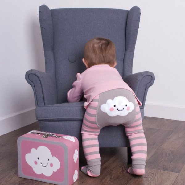 A cute pair of knitted trouser leggings in grey and pink with a cute cloud on the bum.