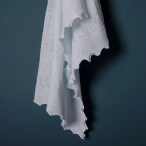 Delicate luxury blue baby shawl, hand-knitted from soft 100% acrylic with a beautiful lace design, perfect for newborns and as a timeless baby gift.