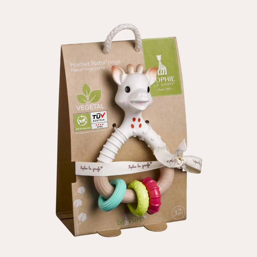 Wooden and Silicon Sophie La Girafe Rattle Baby Teether with Stimulating Sensory rings for play and development.