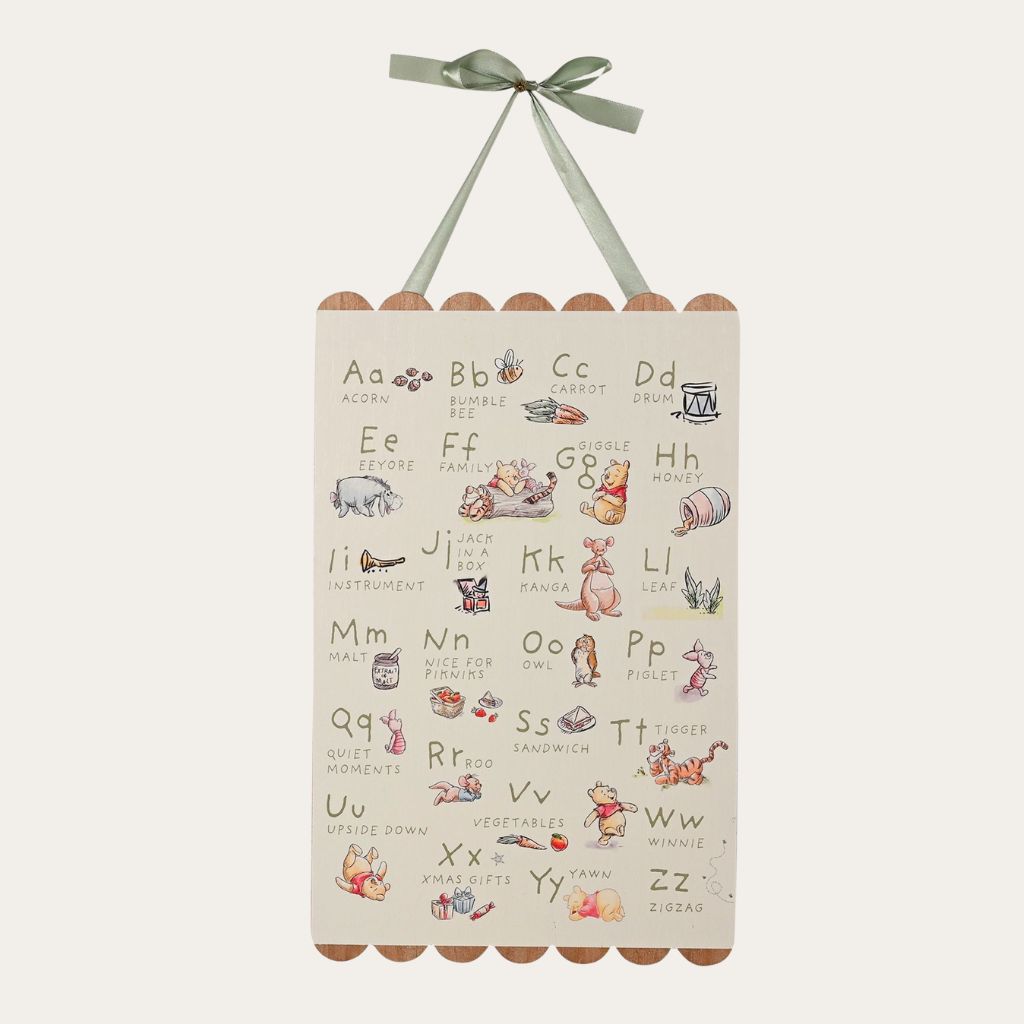 Children's hanging alphabet wall chart with illustrations of Winnie-the-Pooh characters.