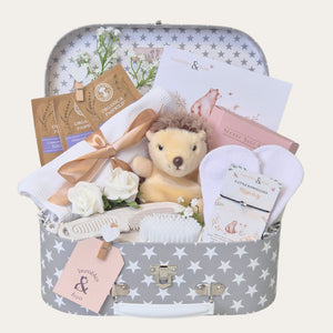 Baby Shower gifts box with hedgehog theme, presents for mum and gifts for baby. Bumbles and Boo.