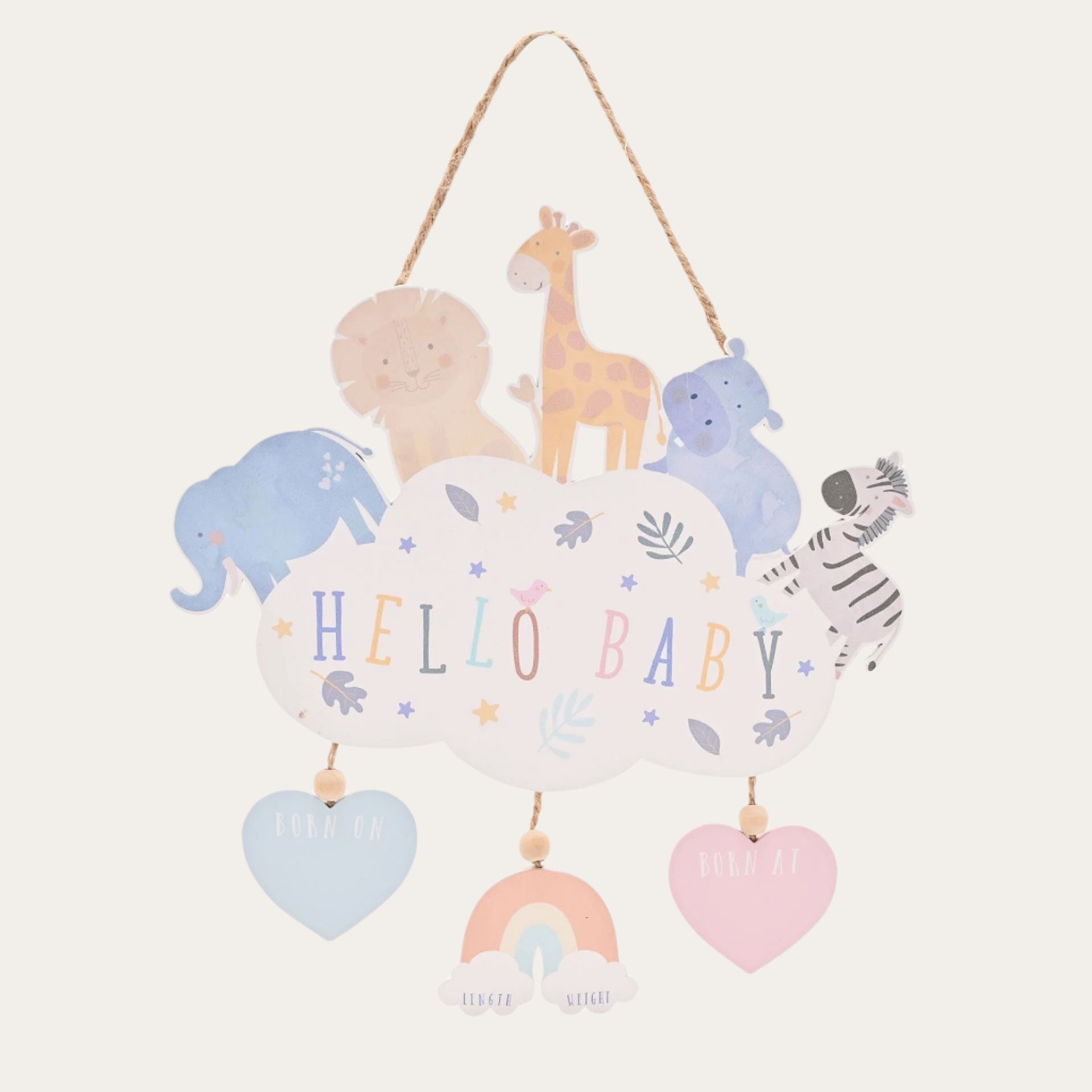 Neutral Animal Cloud Plaque nursery décor to write babies date of birth, time of birth, place of birth and weight