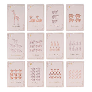 Number learning cards one to twelve arranged in a grid with matching groups of animals.