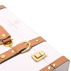 Close-up of the suitcase box clasp, buckle details and reinforced corner hardware.