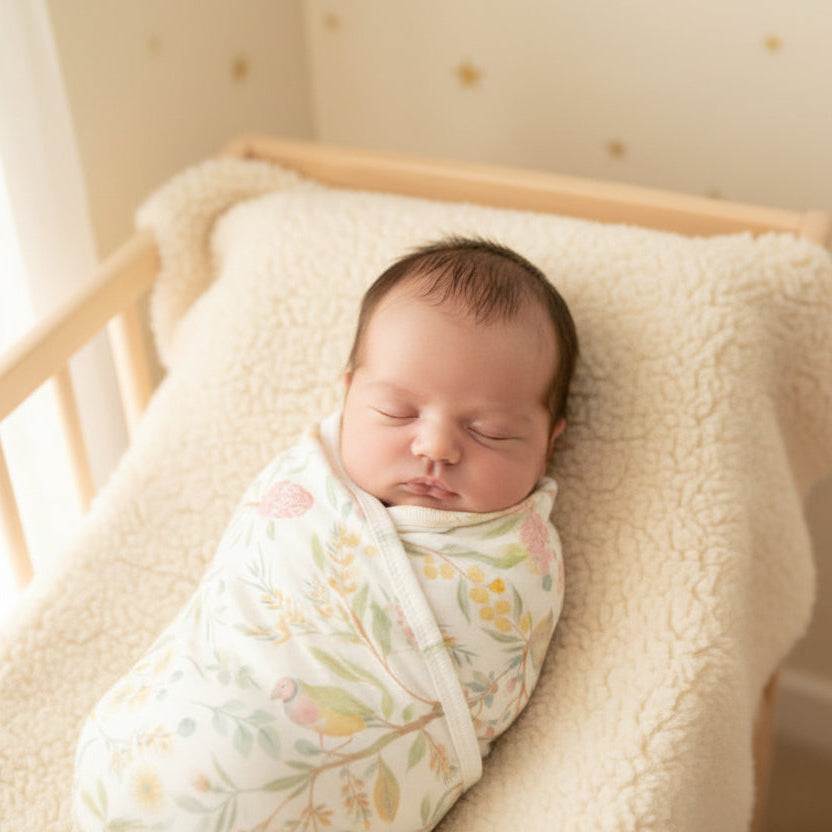 Aviary Garden stretch wrap baby blanket in organic cotton with Australian birds and floral print. Lightweight baby blanket for swaddling.