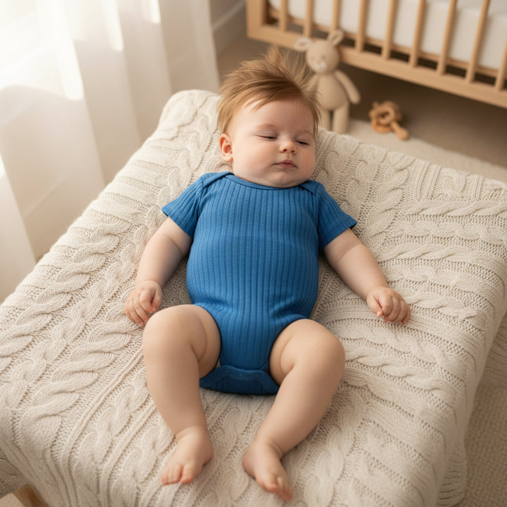 Azure blue ribbed Baby Bodysuit with short sleeves and popper fastening