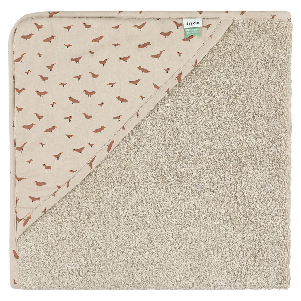 Beige hooded towel with a brown bird pattern