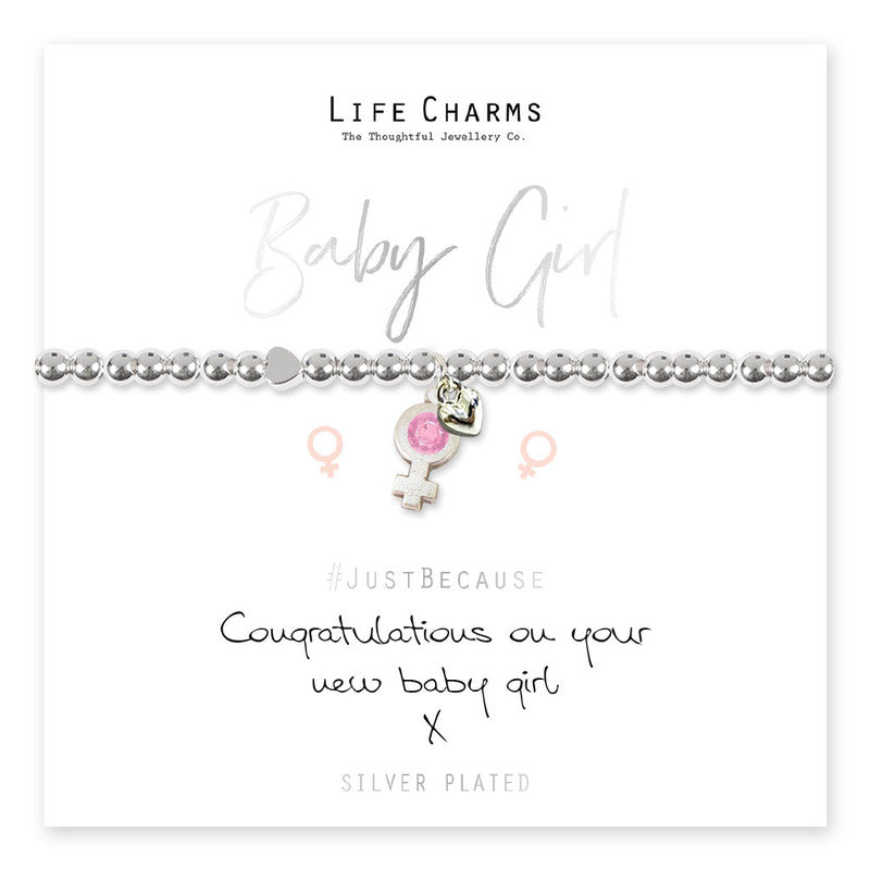 Exquisite Silver-Plated Female Sign and Heart Charms Bracelet on 5mm Beaded Stretch Band, Presented in Luxury Gift Box with 'Congratulations on Your New Baby Boy' Card. Premium Quality, E-Coated for Tarnish Prevention.