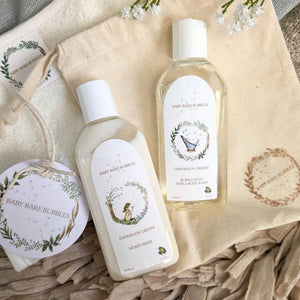 Luxury Baby Skincare Travel Set, Baby Bare Bubbles, Baby Wash, Moisturiser, Tote Bag & Washcloth Baby Bath & Body.