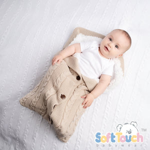 Biscuit Recycled Cable Knit Baby Swaddle Wrap - Pouch NB-6 Months Baby Swaddle.