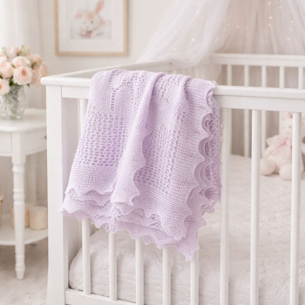A lilac baby blanket with scalloped edges perfect for a new baby or christening