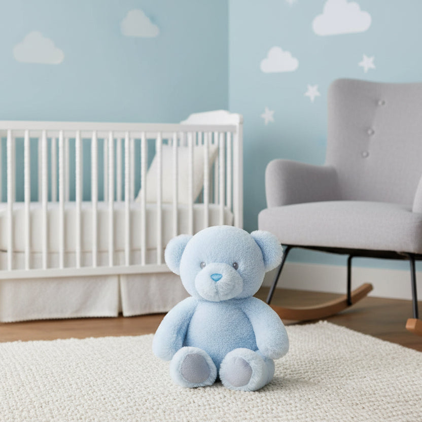 baby blue plush teddy bear with embroidered eyes