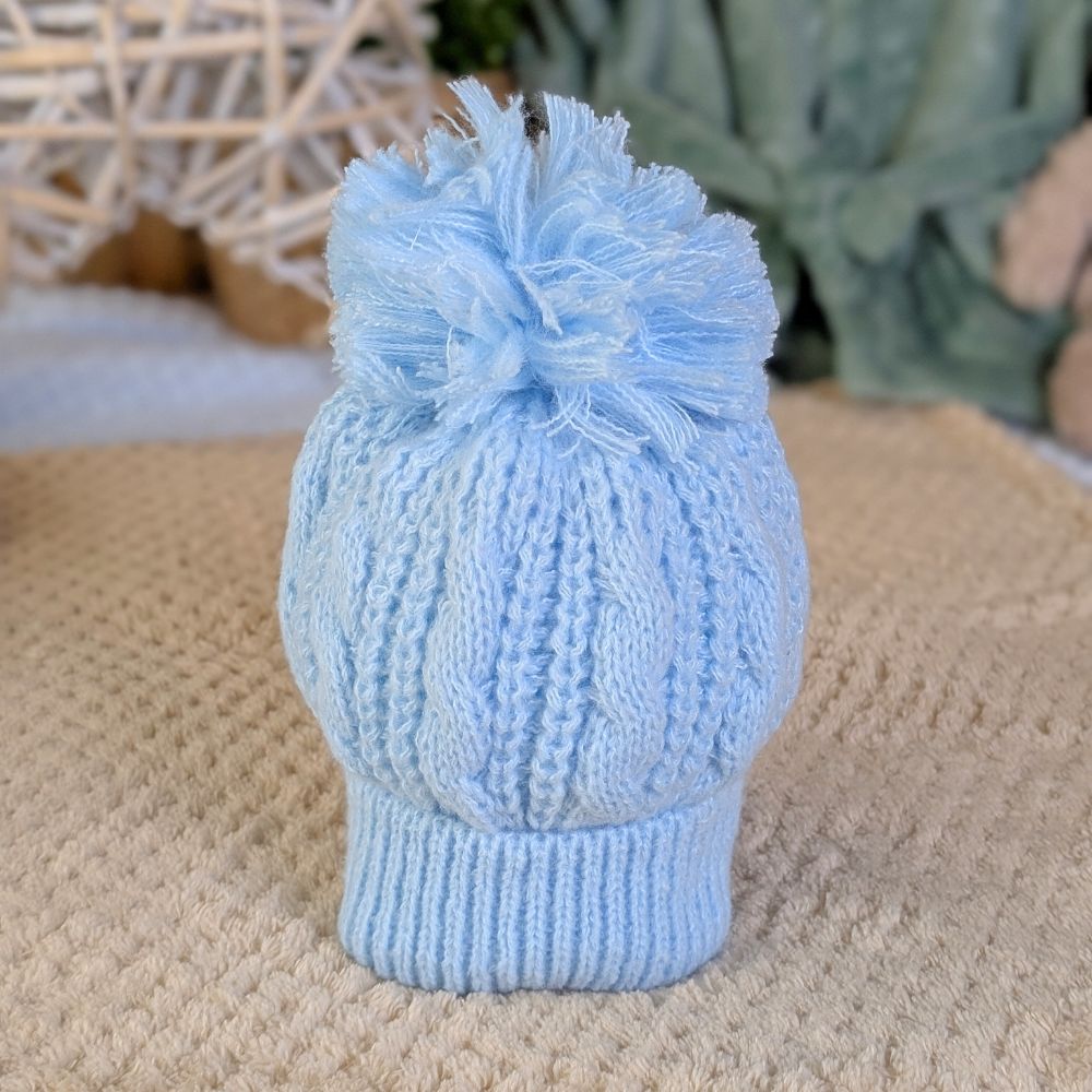 Blue Pearl & Cable Knit Baby Hat with Pom Pom