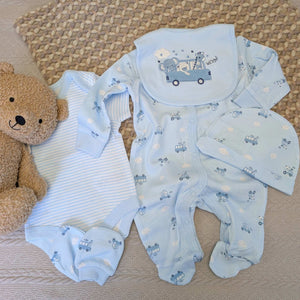 Blue animals baby clothing gift set with elephant and giraffe.